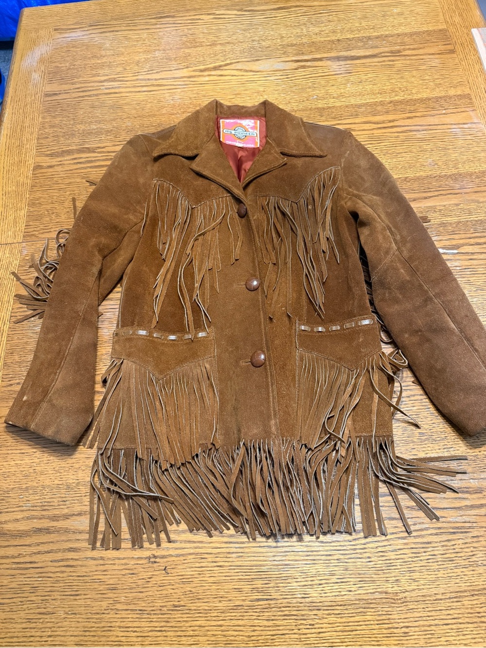 Vintage Ms. Pioneer Brown Suede Leather Fringe Western Jacket Coat USA Size 8